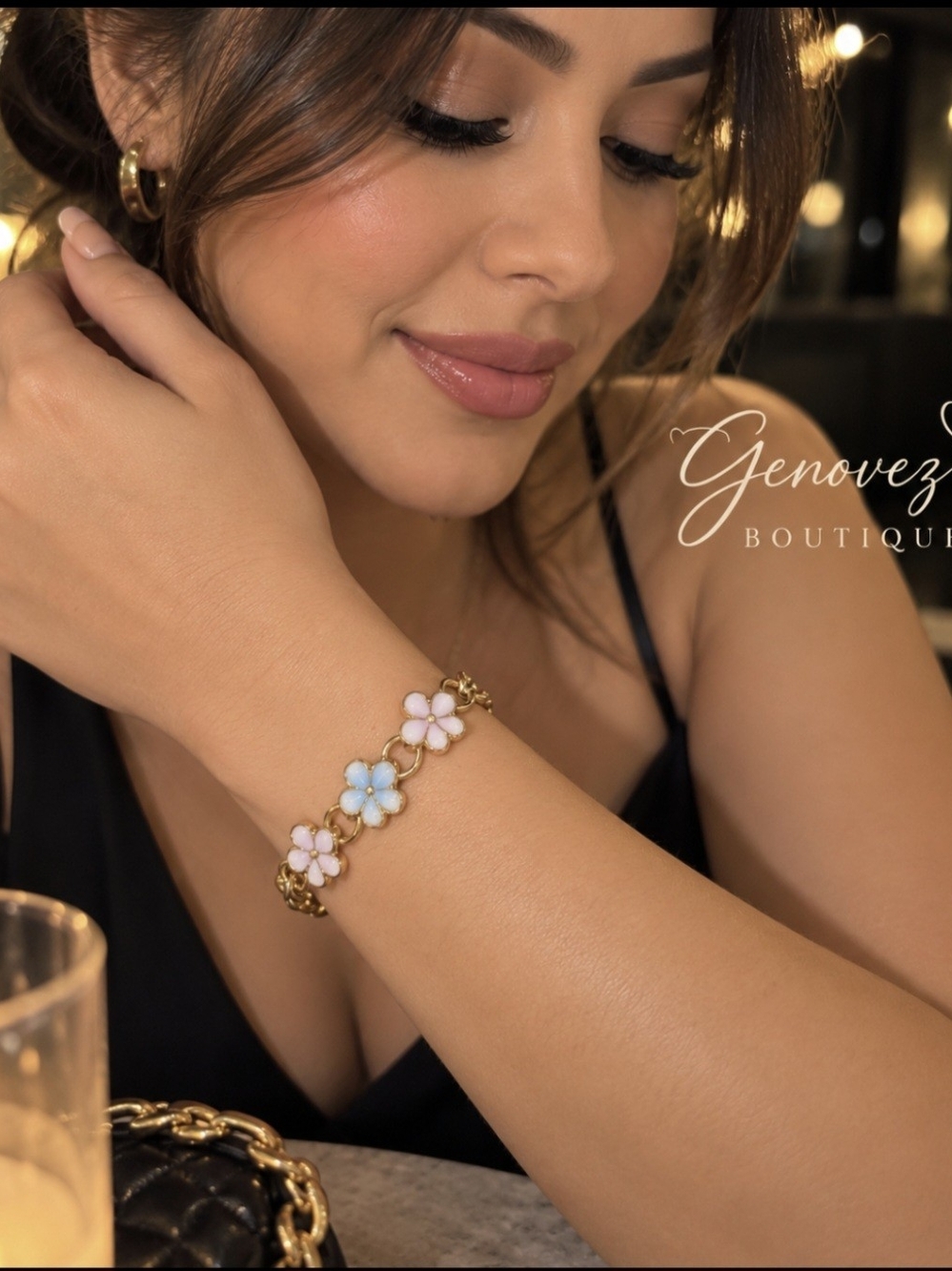 Gold Bracelet with Pink and Blue Flower Charms